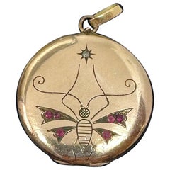 Victorian Butterfly Insect Bohemian Garnet Locket Pendant Necklace Belle Epoque