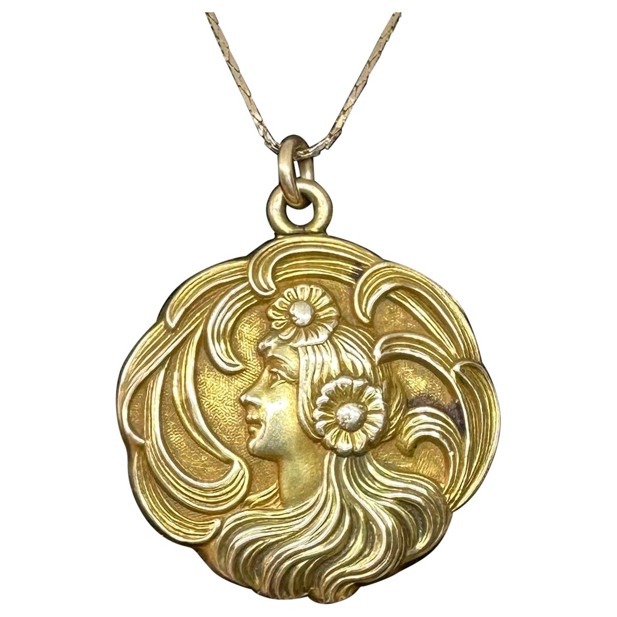 Art Nouveau Goddess Maiden Woman Locket Necklace Alfonse Mucha Gorgeous For Sale