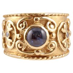 Cabochon Blue Sapphire Diamond Yellow Gold Ring 2
