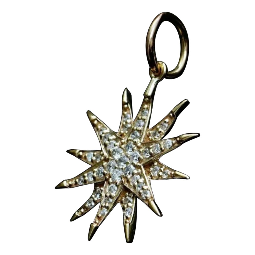 14k Yellow Gold Starburst Pendant Genuine Diamond Star Necklace Unisex Charm .