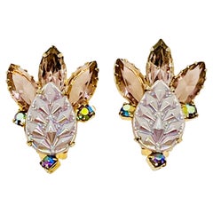 Vintage Lavender Molded Glass Leaf Clip Earrings, Milk Glass, Marquise Rhinestone