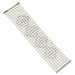 Palladium Platinum Silver Pearl 4ctw Diamond Wide Multi Row Mesh Bracelet