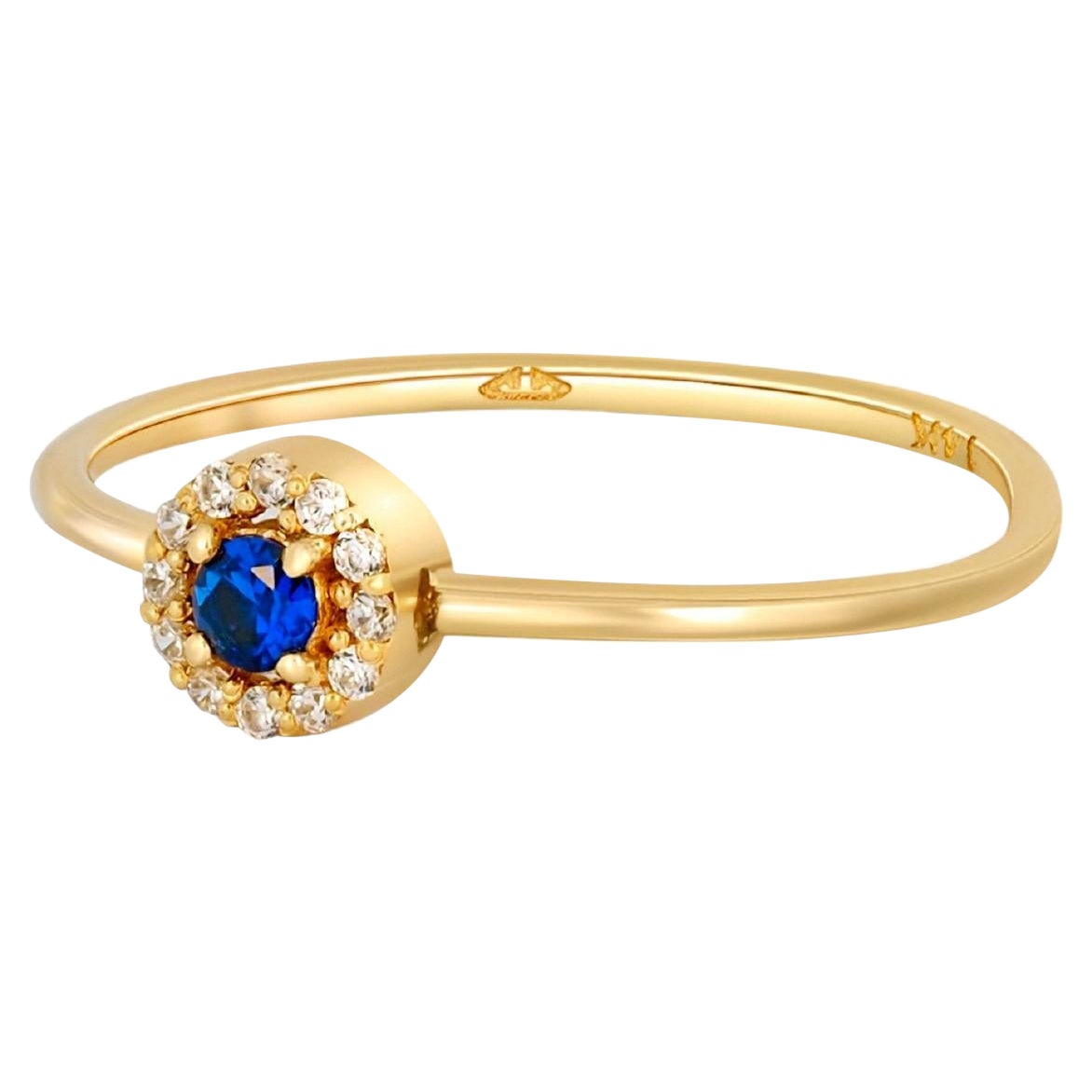 Lab blue sapphire, moissanites halo 14k gold ring.