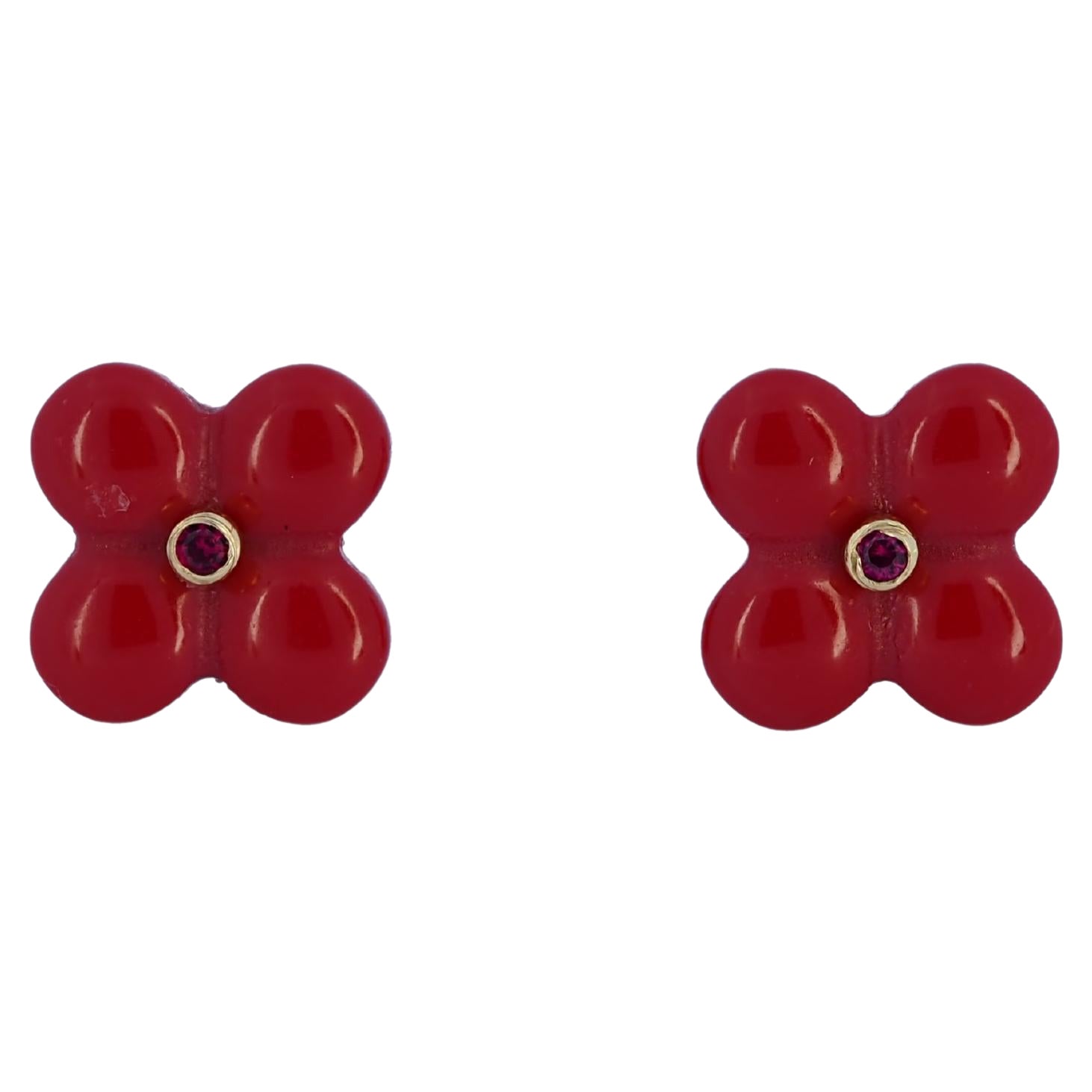 14k gold carved red coral of pearl flower earrings studs.