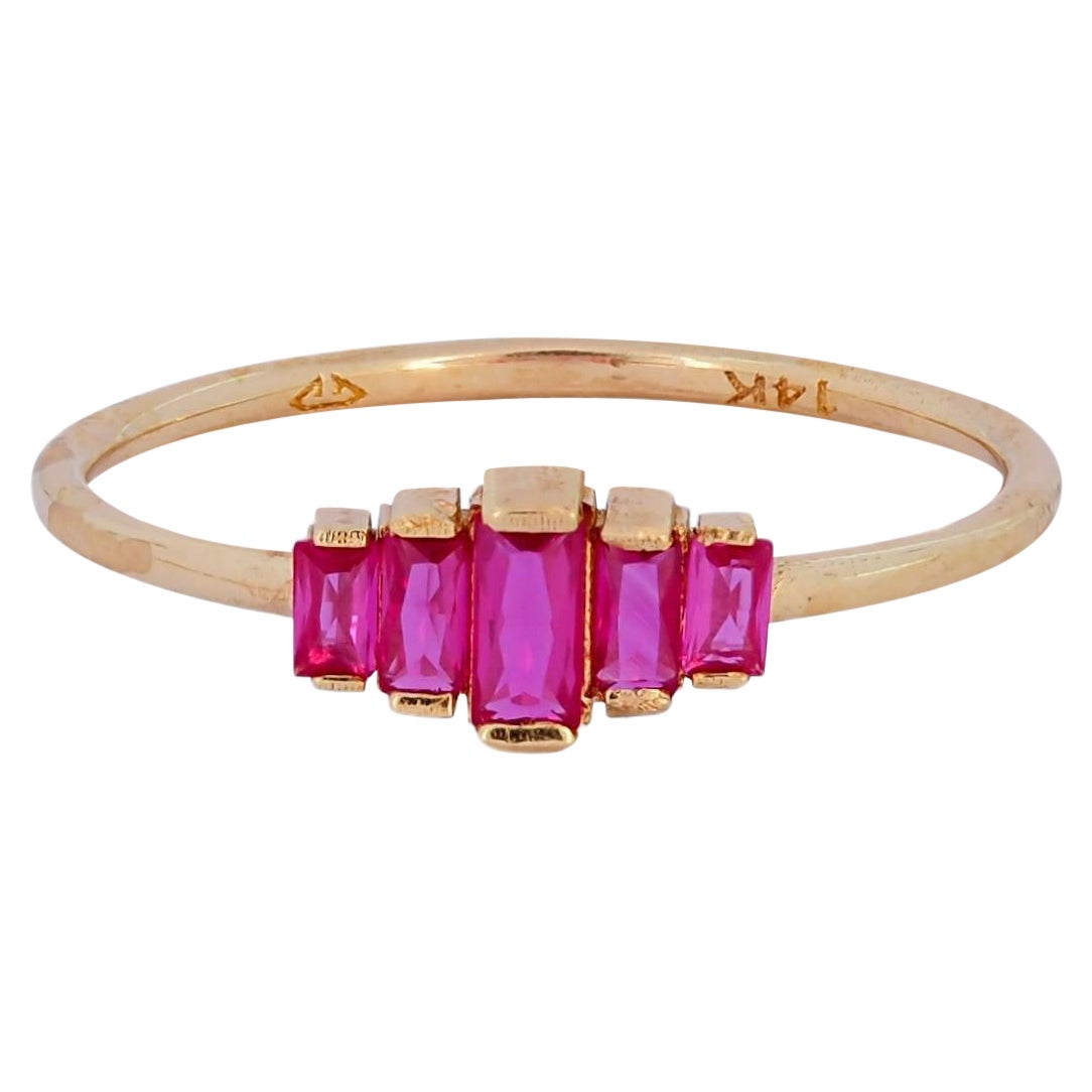 Five lab ruby Baguette Cut 14k gold ring.