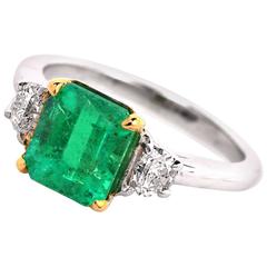 Retro Asscher-Cut Colombian Emerald Diamond Three Stone Platinum Ring
