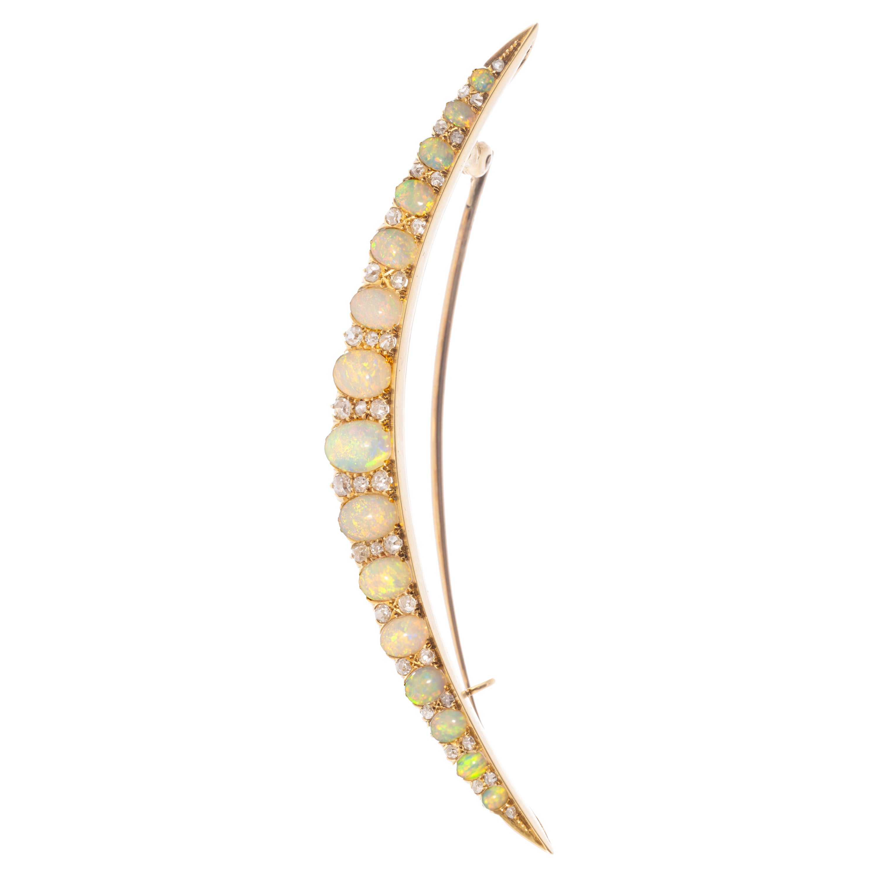 English Antique Oversized Opal & Diamond "Crecent" Brooch in 15K circa 1900