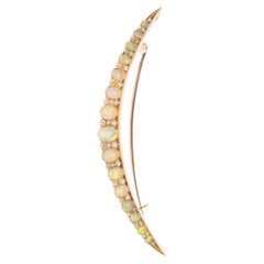 English Antique Oversized Opal & Diamond "Crecent" Brooch in 15K circa 1900