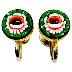 Micro Mosaic Camelia Flower Stud Earrings Screwback, Pink Green, Italy, 1900s
