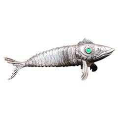 Antiguo pez español de plata de ley Figura de mesa Cuerpo flexible Ojos verdes /39gr