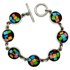 Pulsera artesana con incrustaciones de mosaico de vidrio de colores, cierre basculante, plata 925