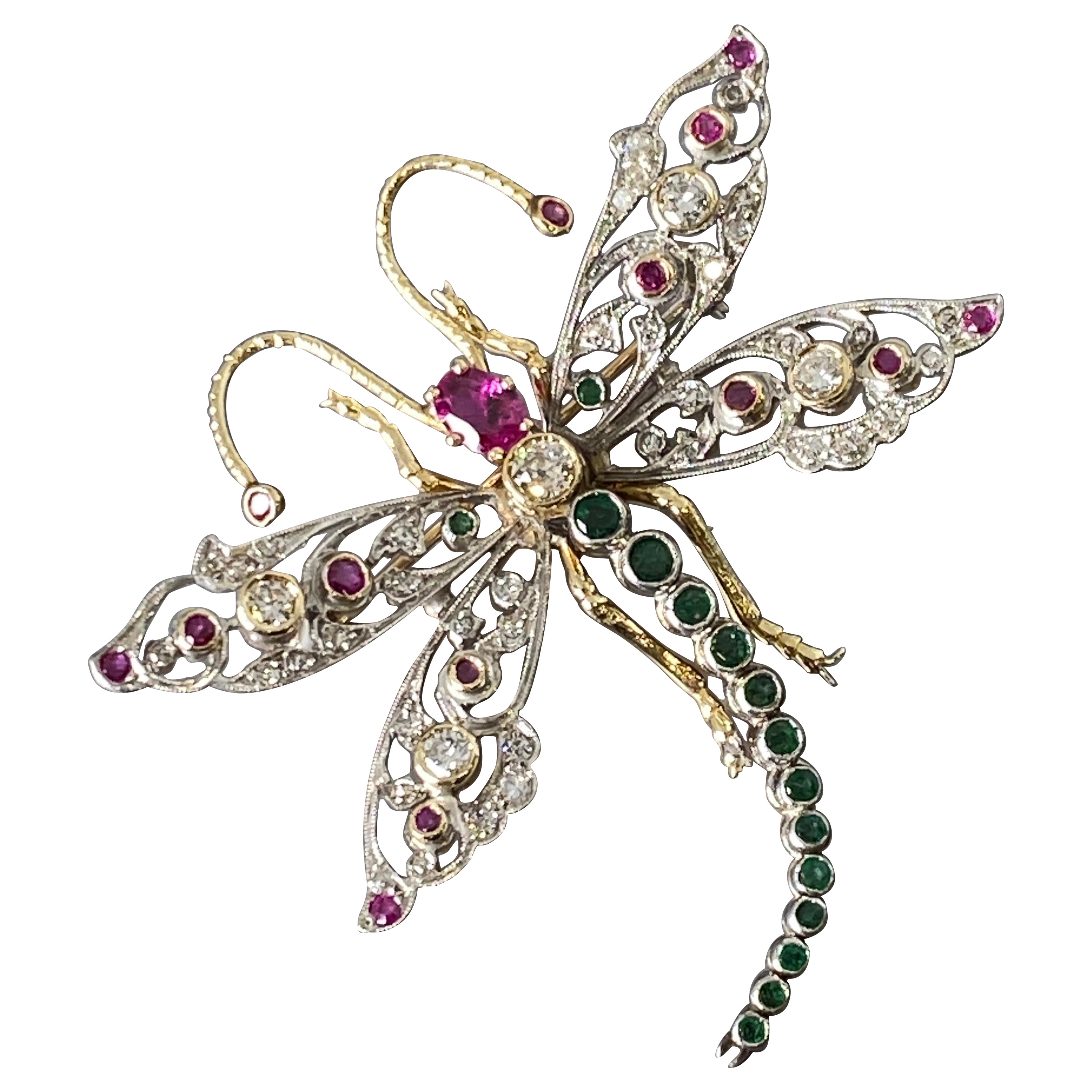 Estate Retro 2.75 cttw 14k Gold Dragonfly Ruby, Emerald & Diamond Brooch Pin