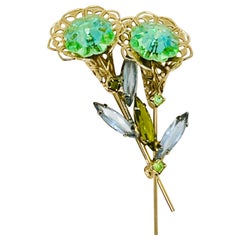 Twin Flower Aqua Margarita Crystals, Elongated Navette Rhinestone Leaf Brooch