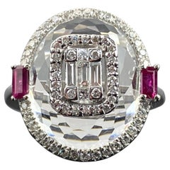 Rock Crystal With Ruby And Diamond Ring Set In 18K White Gold