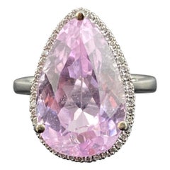 Certified Pear Shape 12.12 Carat Kunzite and Diamond Solitaire Cocktail Ring
