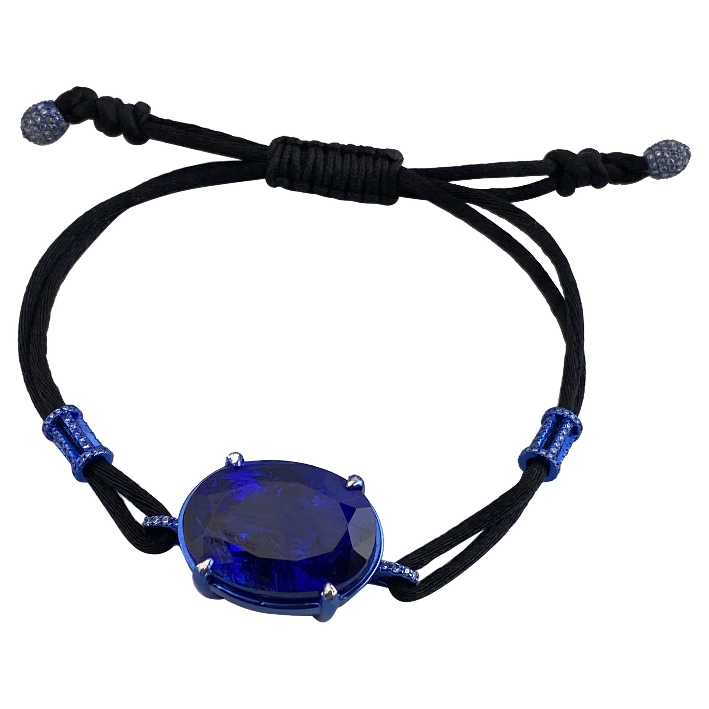 Certified 18K Gold Tanzanite And Diamond Adjustable Bracelet With Blue Plating For Sale