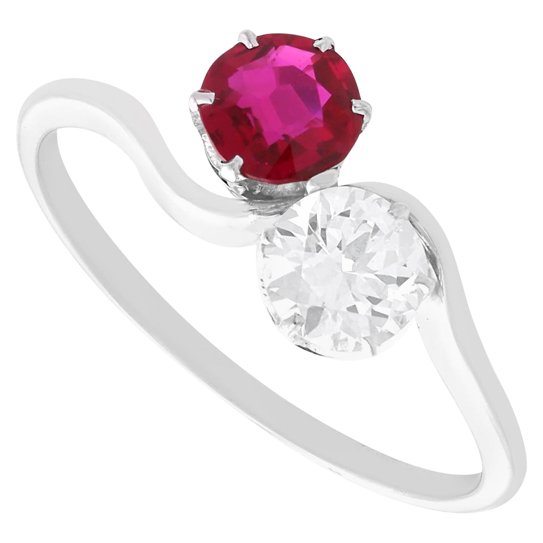 Antique 0.65Ct Burmese Ruby and 0.48Ct Diamond, Platinum Twist Ring Circa 1925 For Sale