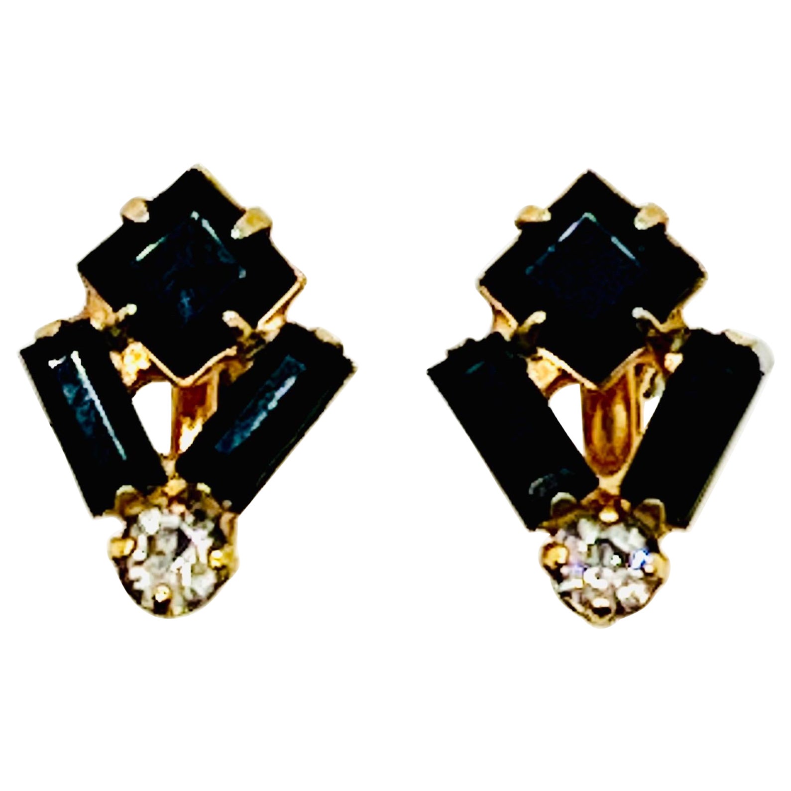 Art Deco Geometric Black Baguette Screwback Earrings For Sale
