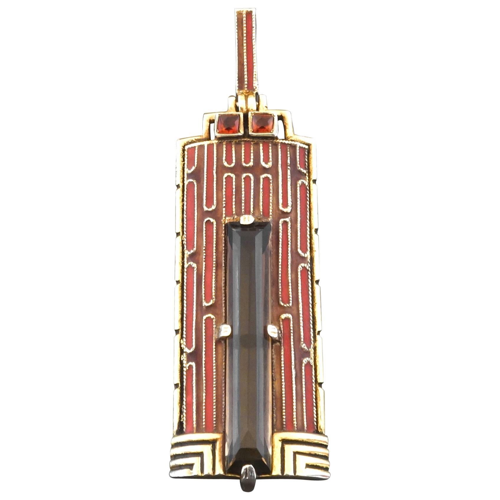 1920s Theodor Fahrner Art Deco Enamel Smoky Quartz Citrine Gilt Silver Pendant For Sale