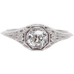 Vintage Hand Engraved 0.60 Carat Diamond Filigree Engagement Platinum Ring