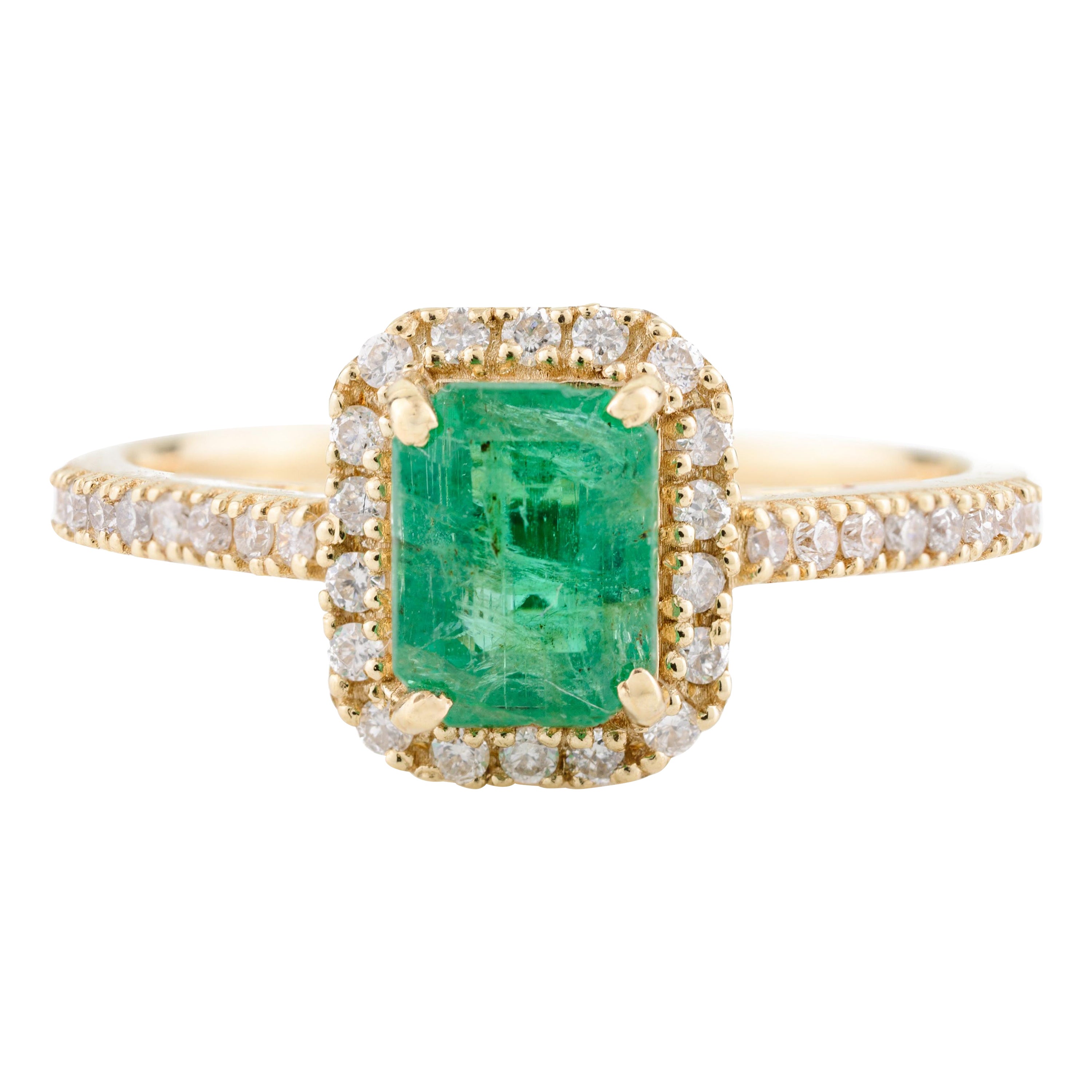 18k Solid Yellow Gold Certified Emerald Halo Diamond Engagement Ring for Women