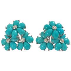 Turquoise Flower Diamonds Cluster Earrings 6