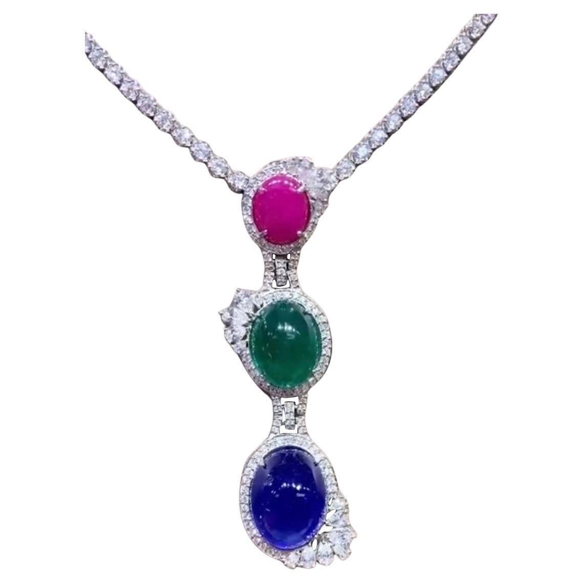 AIG Certified 40.00 Ct Burma Ruby Zambian Emerald Tanzanite Diamond Pendant