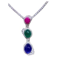 AIG Certified 40.00 Ct Burma Ruby Zambian Emerald Tanzanite Diamond Pendant