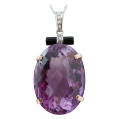 Big amethyst, Onyx, Diamonds, Platinum, 14 Kt Rose Gold and  White Gold Pendant.