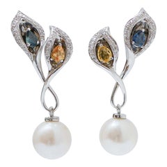 11 Mm White Pearls, Diamonds, Sapphires, 18 Karat White Gold Earrings.