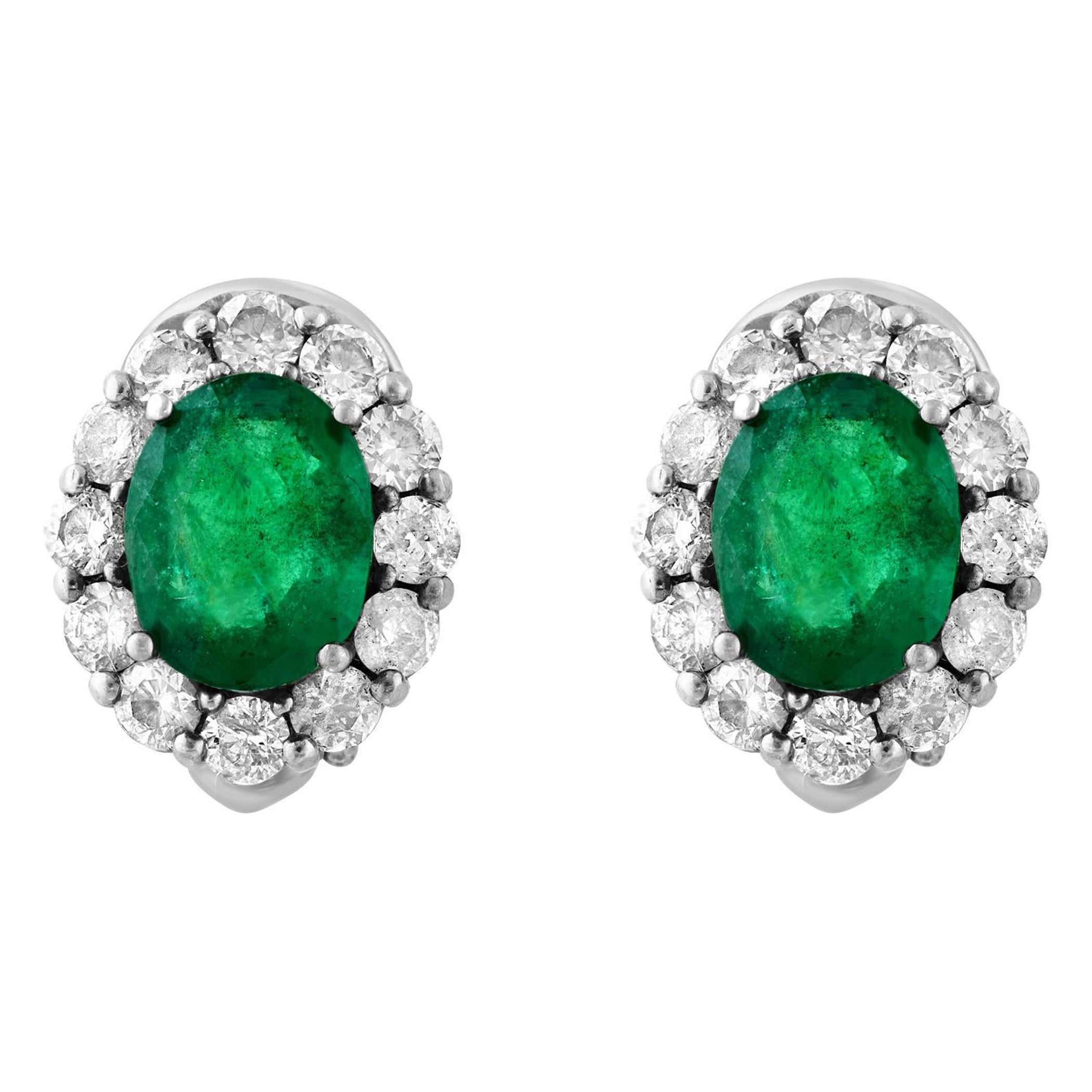 6 Carat Oval Shape Emerald & 2 Ct Diamond Post Back Earrings 14 Karat White Gold