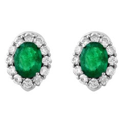 6 Carat Oval Shape Emerald & 2 Ct Diamond Post Back Earrings 14 Karat White Gold