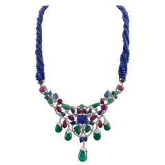 Art Deco Carved Ruby, Emerald and Sapphire Beaded Necklace