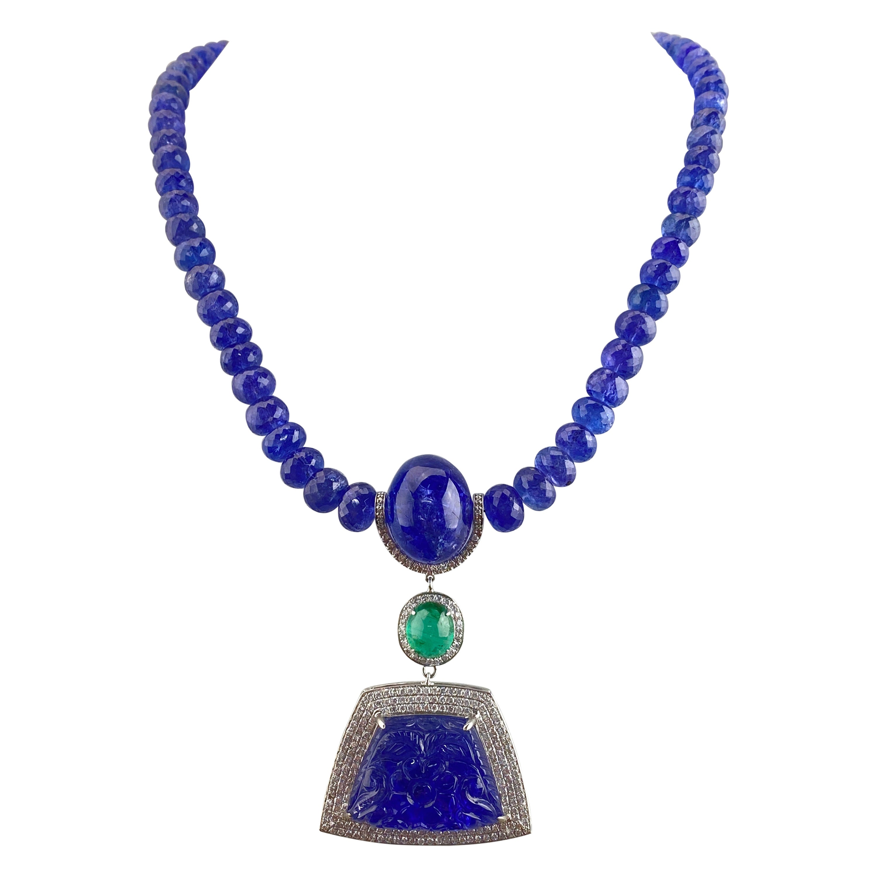 Carved Tanzanite, Emerald and Diamond Pendant Beaded Necklace.