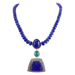 Carved Tanzanite, Emerald and Diamond Pendant Beaded Necklace.