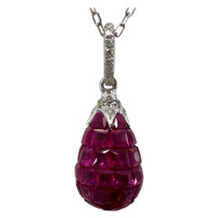 1.87ct Natural Red Ruby & Diamond Mystery Set 18k White Gold Briolette Necklace