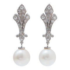 11 Mm White Pearls, Diamonds, White Gold Earrings.
