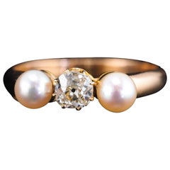 Antique Victorian Diamond and Pearl Ring 15ct Gold Trilogy Design - c.1890