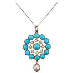 Antique Victorian 15K Gold Turquoise and Pearl Pendant Necklace - c.1900
