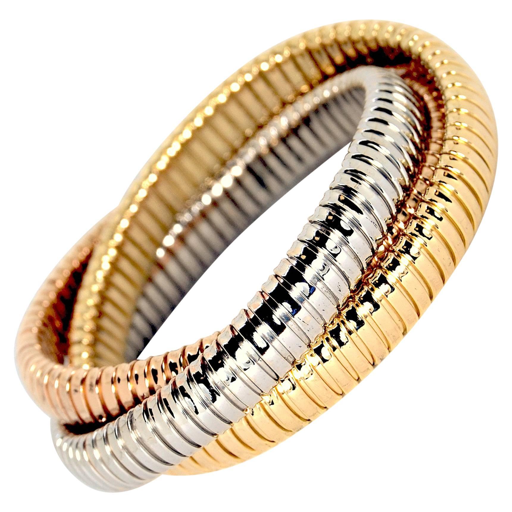 Carlo Weingrill Rose White Yellow Gold Tubogas Rolling Cuff Bracelet For Sale
