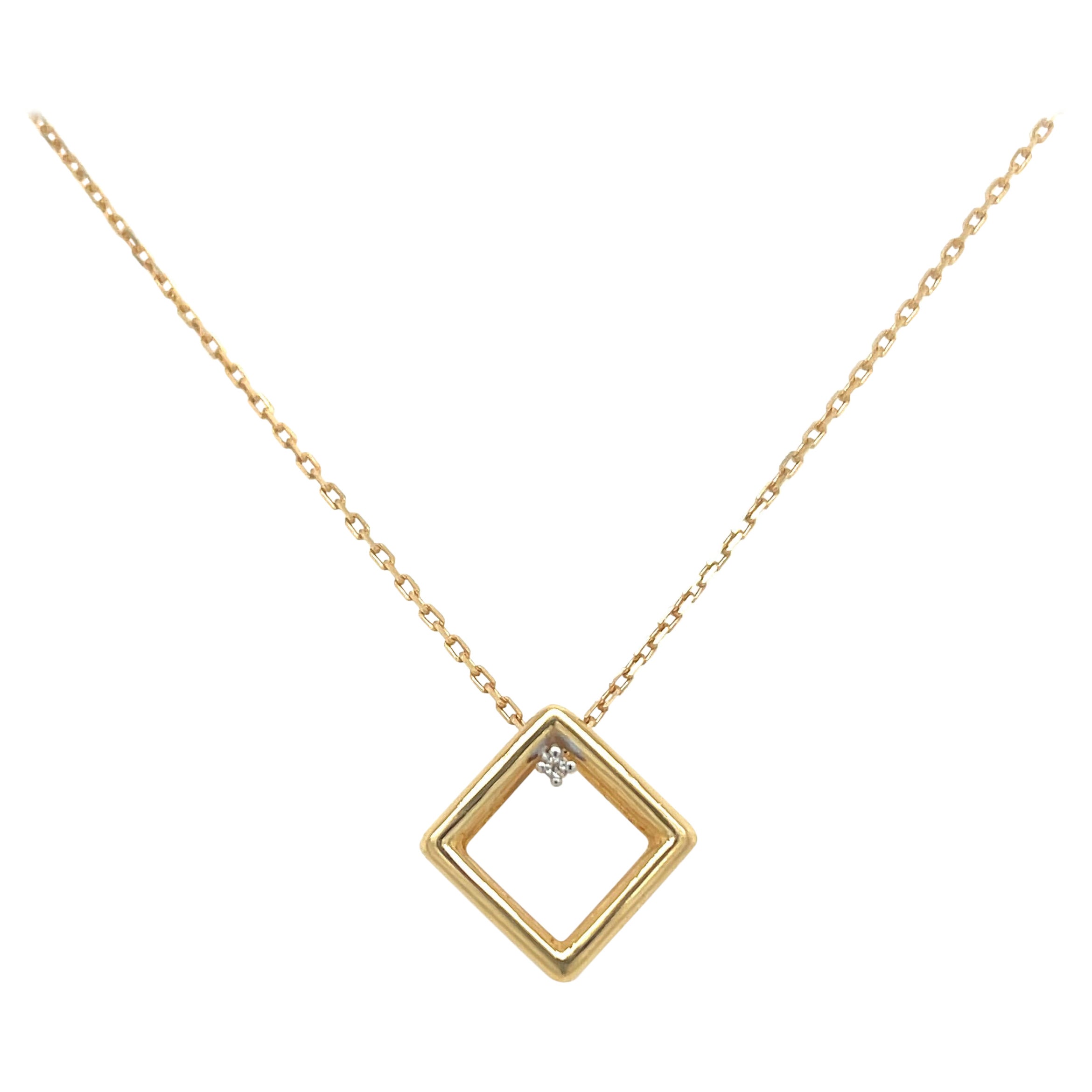 18K Yellow Gold Geometric Cube Necklace with Diamond Accent