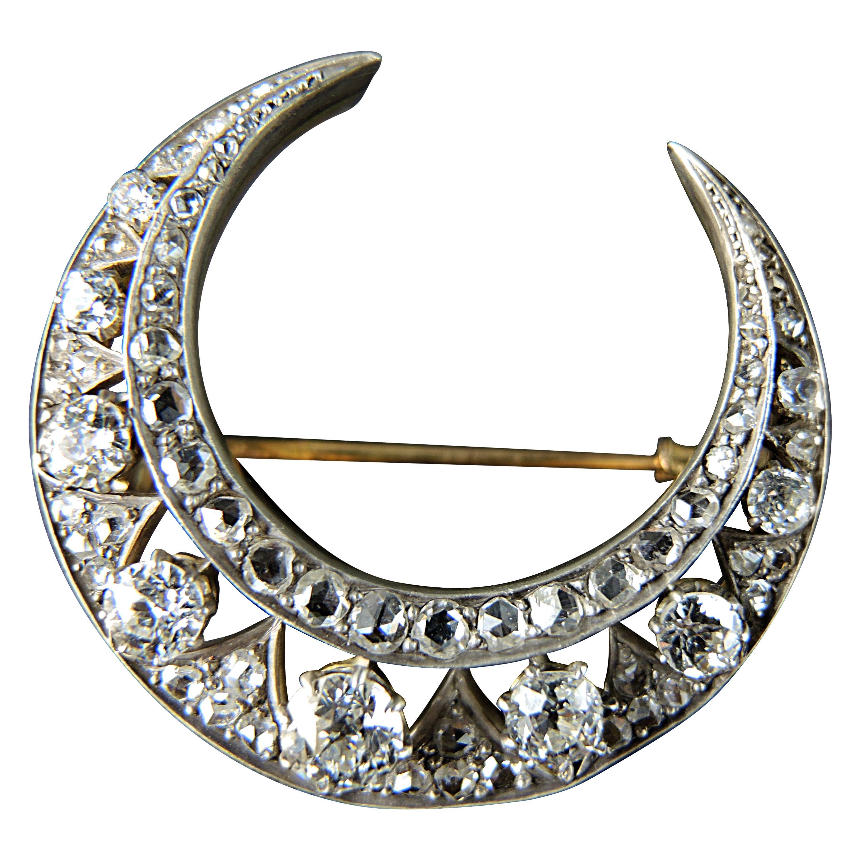 19th Century Diamond Silver Gold Crescent Moon Brooch