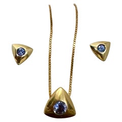 Three Piece Tanzanite  Pendant & Earring Set In  14 Karat Yellow Gold with Chain