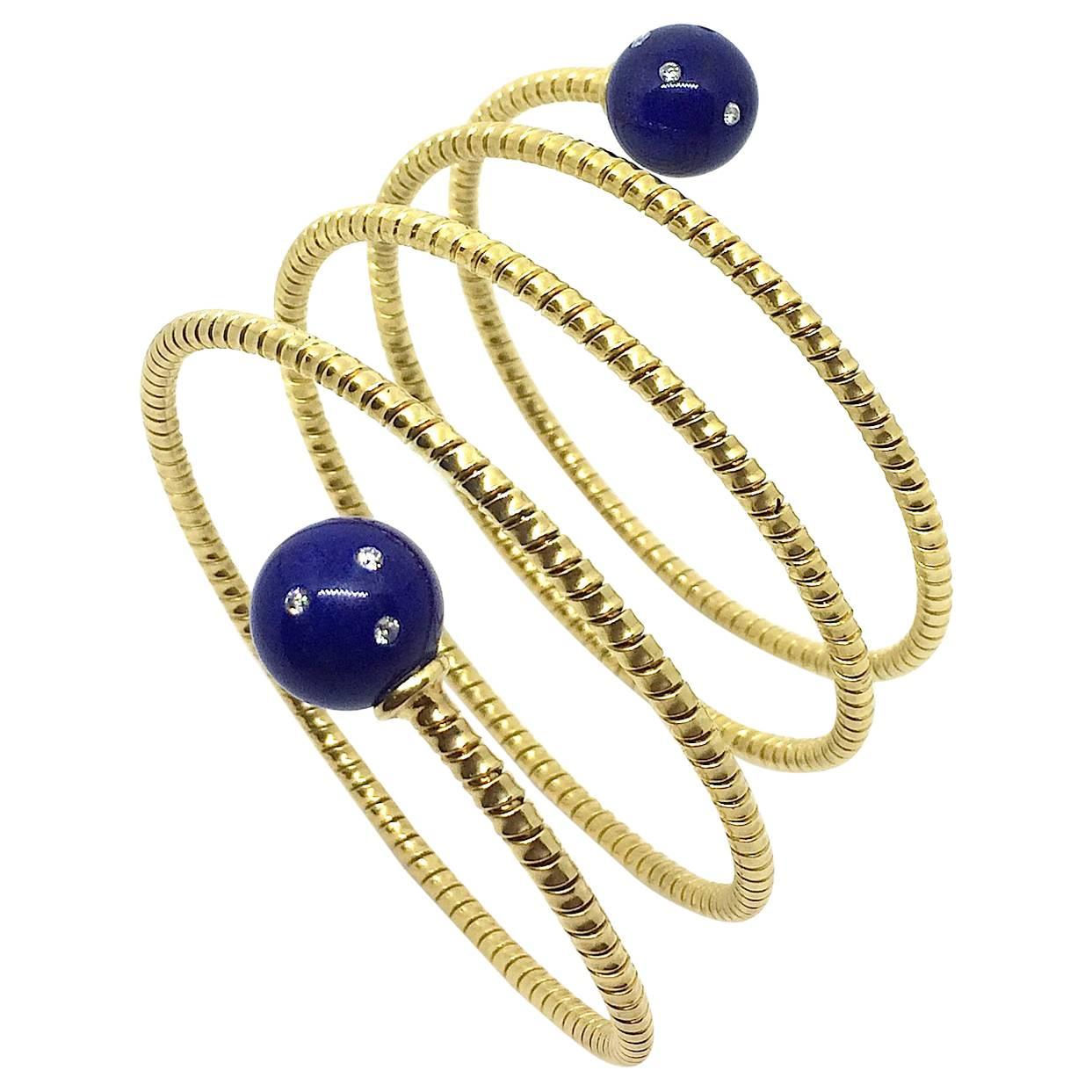 Carlo Weingrill Lapis Lazuli Diamond Yellow Gold Tubogas Snake Cuff Bracelet For Sale