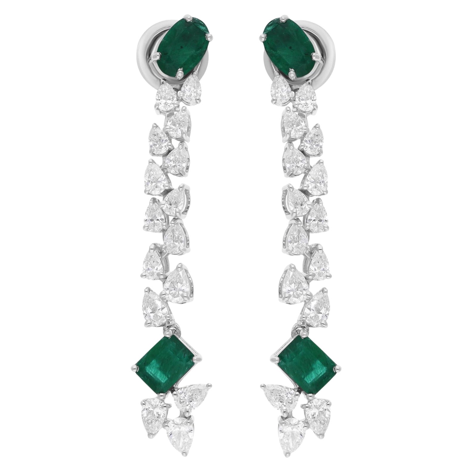 Pendientes Colgantes Esmeralda de Zambia SI/H Diamante talla pera brillante Oro Blanco 14k