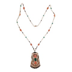 Coral Emerald Gemstone Pendant SI/H Round Diamond 14 Karat Yellow Gold Necklace