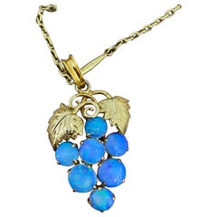 Grape Motif Solid White Opal 14K Yellow Gold Pendant on Matching Gold Chain