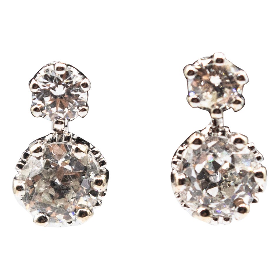 Art Deco Style White Old European Cut Diamond White Gold Lever-Back Earrings
