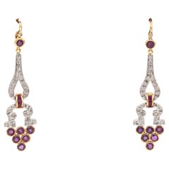 Art Deco Style White Round Cut Diamond Ruby Yellow Gold Lever-Back Earrings
