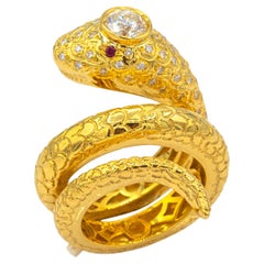 Handcrafted White Old European Cut Diamond Ruby Yellow Gold Cocktail Snake Ring